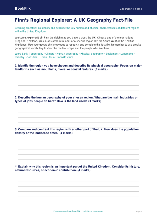 UK Geography Regions Worksheet | Grade 3 | Greater Depth | BookFlik worksheet preview — Geography Uk Regions