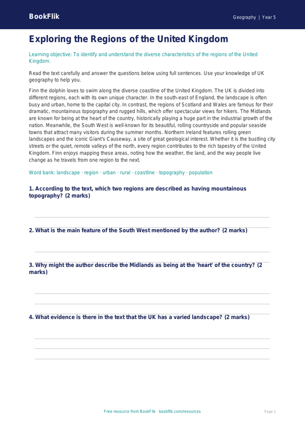 UK Regions Geography Worksheet | Grade 4 | Common Core | BookFlik worksheet preview — Geography Uk Regions
