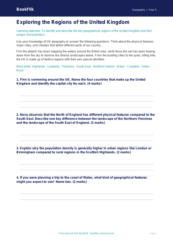 UK Regions Worksheet for Grade 4 | Geography Lesson | BookFlik worksheet preview — Geography Uk Regions