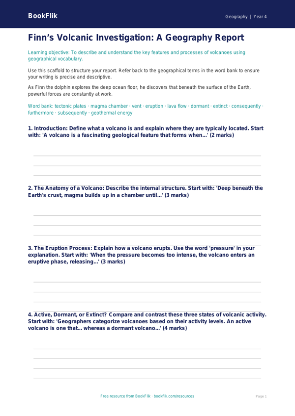 Free Volcanoes Writing Frame | Grade 3 | Geography | BookFlik worksheet preview — Geography Volcanoes