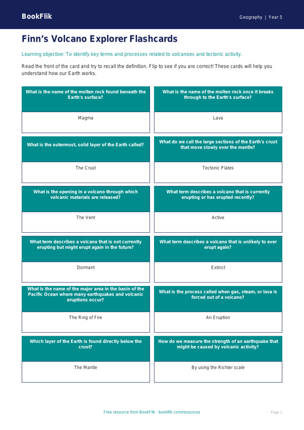 Free Volcanoes Flashcards | Grade 4 | Geography | BookFlik worksheet preview — Geography Volcanoes