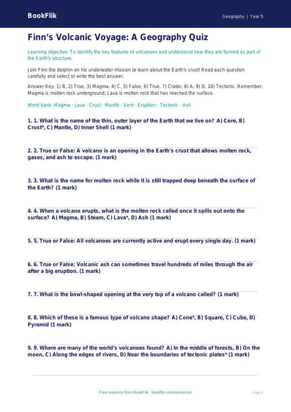 Free Volcanoes Quiz | Grade 4 | Geography | BookFlik worksheet preview — Geography Volcanoes