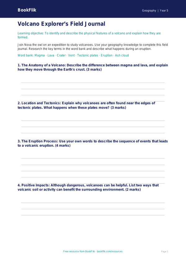 Free Volcanoes Template | Grade 4 | Geography | BookFlik worksheet preview — Geography Volcanoes