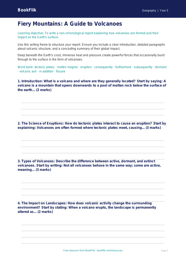 Free Volcanoes Writing Frame | Grade 4 | Geography | BookFlik worksheet preview — Geography Volcanoes