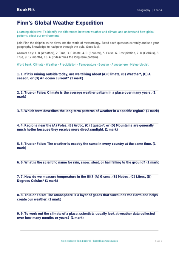 Free Weather And Climate Quiz | Grade 3 | Geography | BookFlik worksheet preview — Geography Weather And Climate