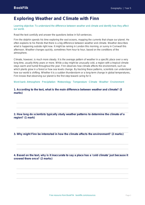 Free Weather And Climate Comprehension | Grade 4 | Geography | BookFlik worksheet preview — Geography Weather And Climate