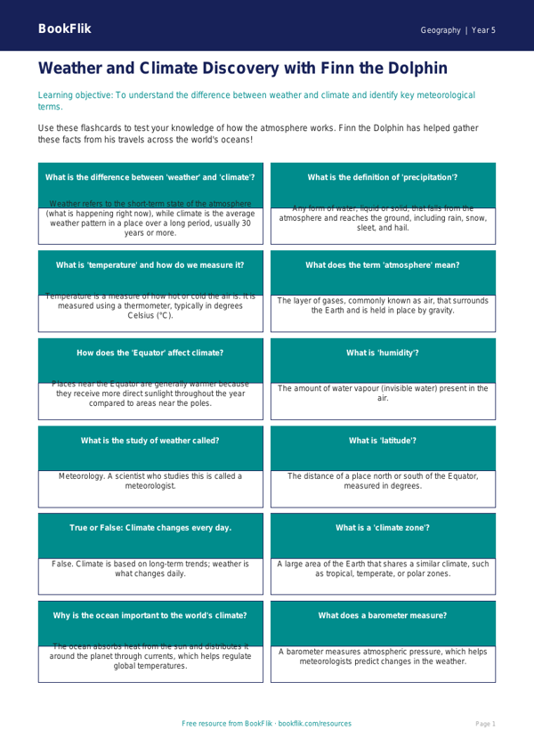 Free Weather And Climate Flashcards | Grade 4 | Geography | BookFlik worksheet preview — Geography Weather And Climate