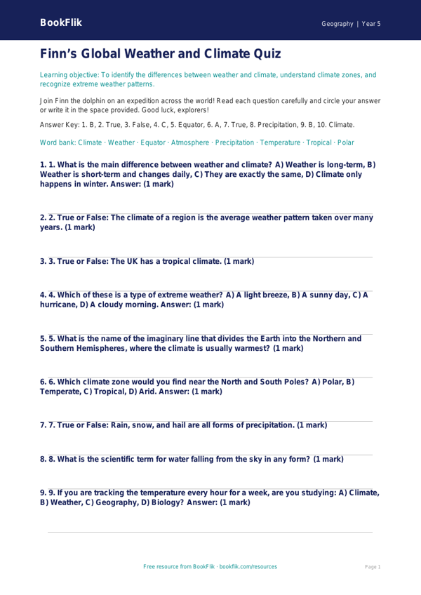 Free Weather And Climate Quiz | Grade 4 | Geography | BookFlik worksheet preview — Geography Weather And Climate