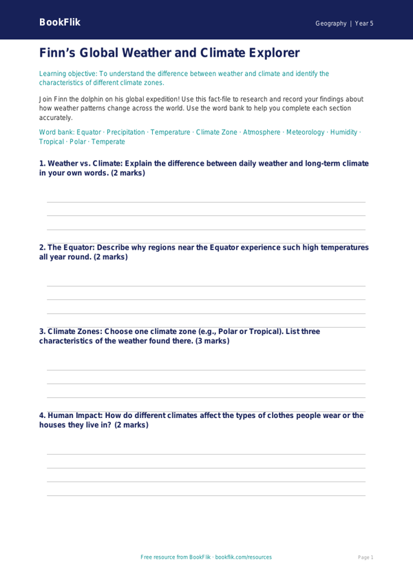 Free Weather And Climate Template | Grade 4 | Geography | BookFlik worksheet preview — Geography Weather And Climate