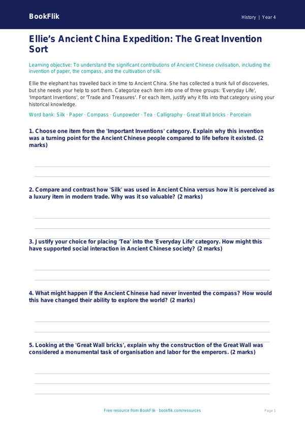 Free Ancient China Activity Sheet | Grade 3 | History | BookFlik worksheet preview — History Ancient China