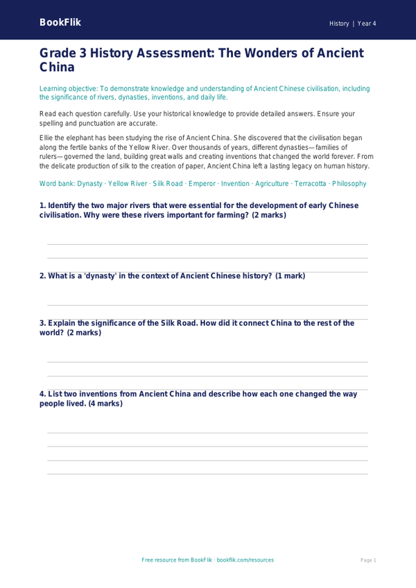 Free Ancient China Assessment | Grade 3 | History | BookFlik worksheet preview — History Ancient China