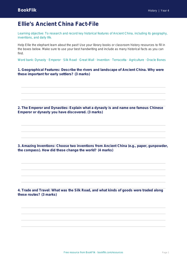 Free Ancient China Template | Grade 3 | History | BookFlik worksheet preview — History Ancient China