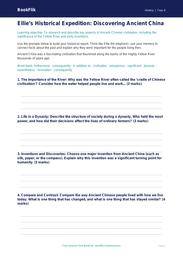 Free Ancient China Writing Frame | Grade 3 | History | BookFlik worksheet preview — History Ancient China