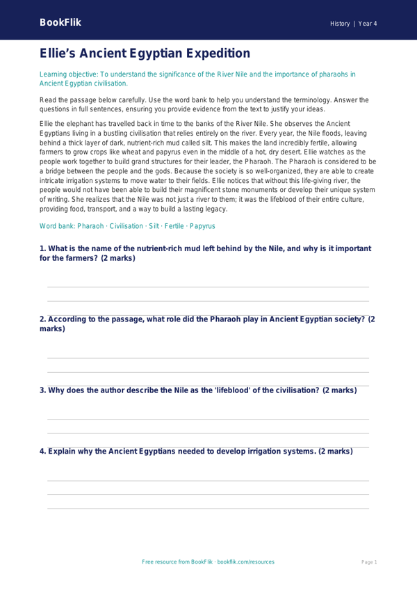 Free Ancient Egypt Comprehension | Grade 3 | History | BookFlik worksheet preview — History Ancient Egypt