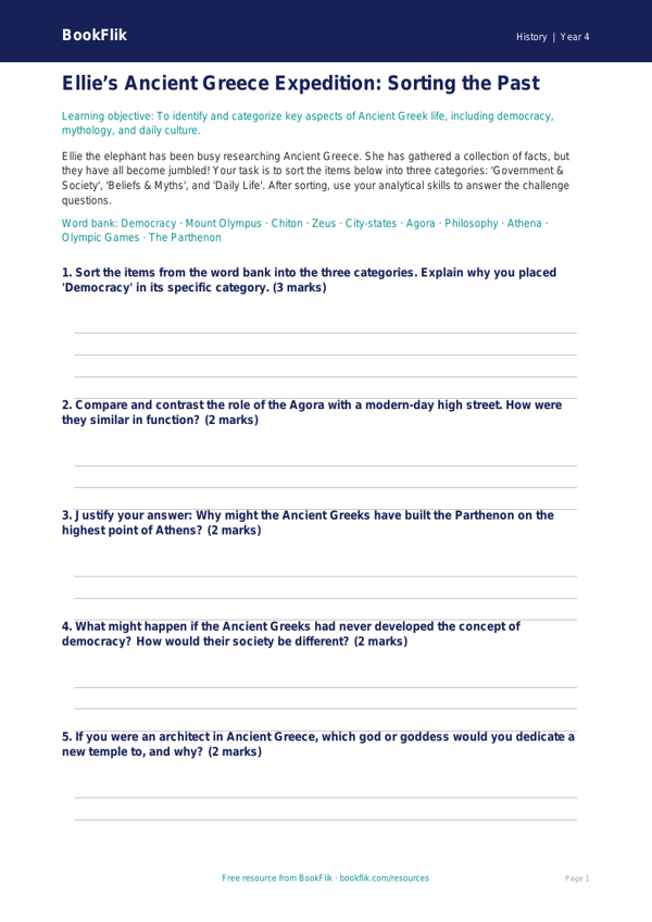 Free Ancient Greece Activity Sheet | Grade 3 | History | BookFlik worksheet preview — History Ancient Greece