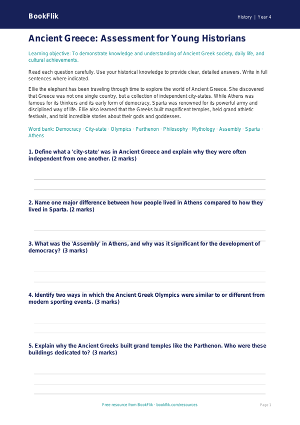 Free Ancient Greece Assessment | Grade 3 | History | BookFlik worksheet preview — History Ancient Greece