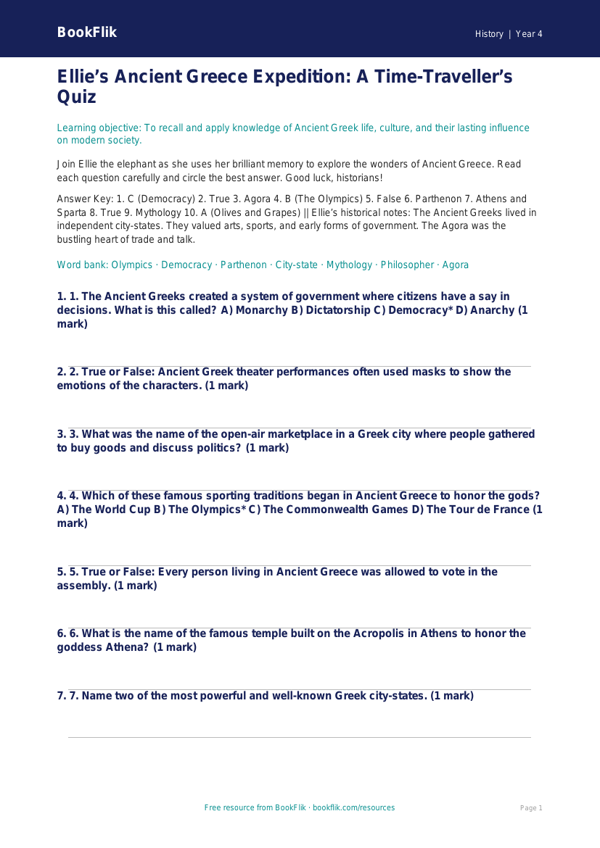 Free Ancient Greece Quiz | Grade 3 | History | BookFlik worksheet preview — History Ancient Greece