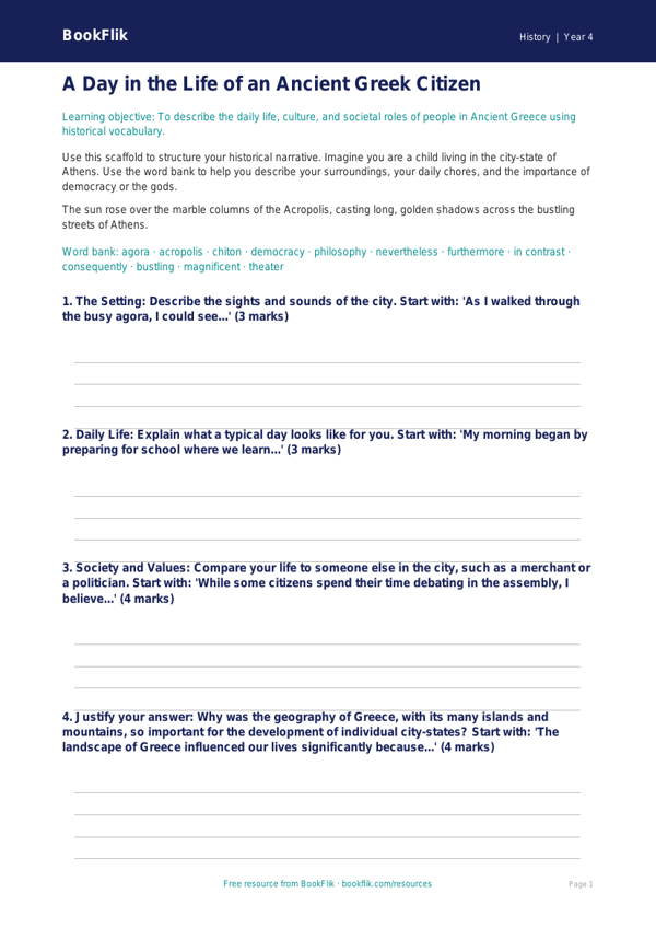 Free Ancient Greece Writing Frame | Grade 3 | History | BookFlik worksheet preview — History Ancient Greece