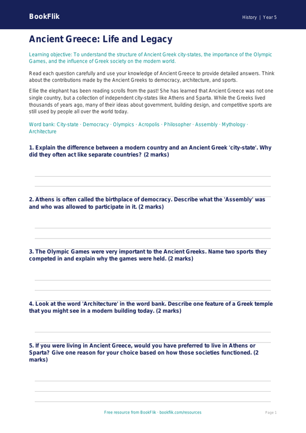 Free Ancient Greece Worksheet | Grade 4 | History | BookFlik worksheet preview — History Ancient Greece