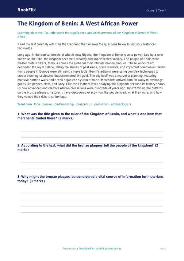 Free Benin Kingdom Comprehension | Grade 3 | History | BookFlik worksheet preview β History Benin Kingdom