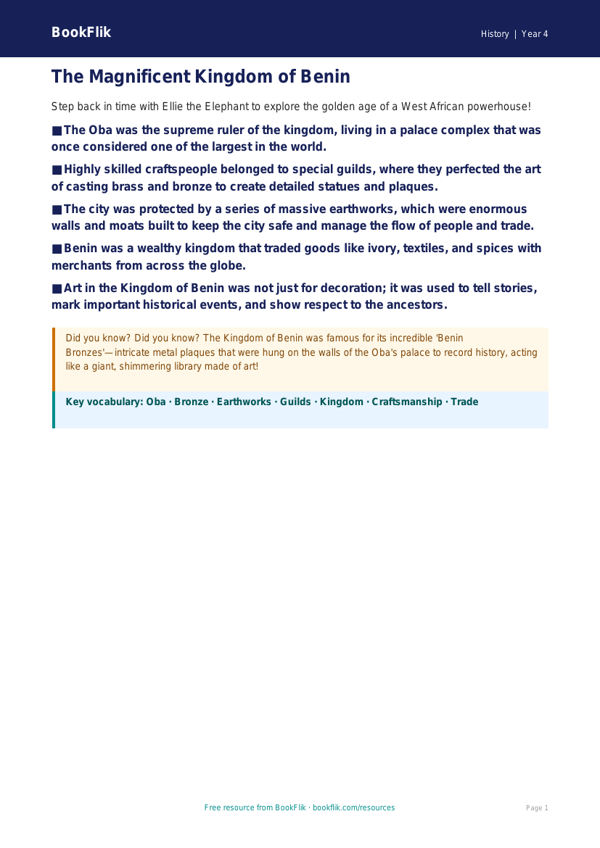 Free Benin Kingdom Poster | Grade 3 | History | BookFlik worksheet preview — History Benin Kingdom