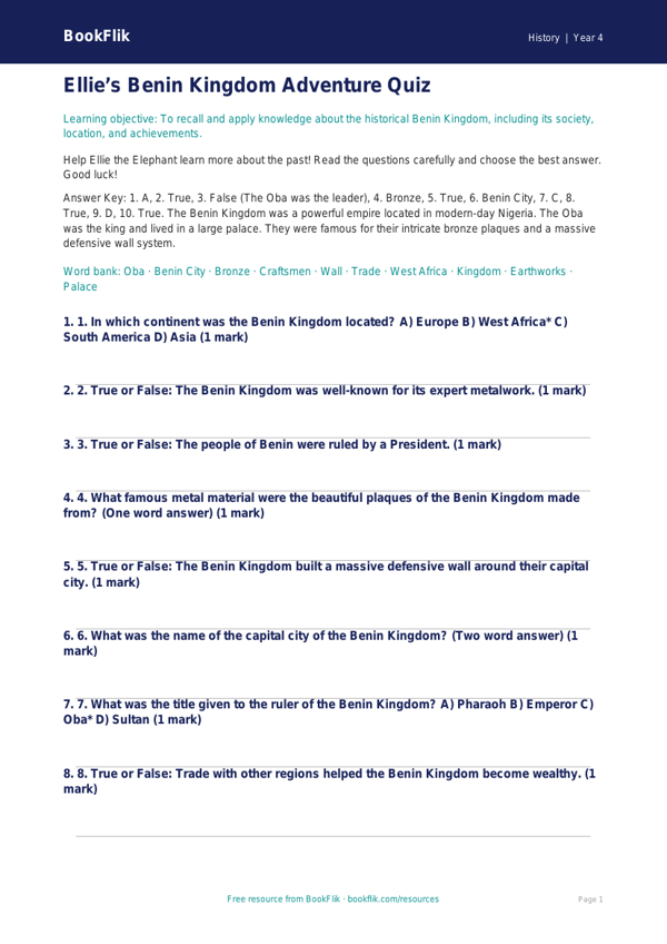 Free Benin Kingdom Quiz | Grade 3 | History | BookFlik worksheet preview — History Benin Kingdom