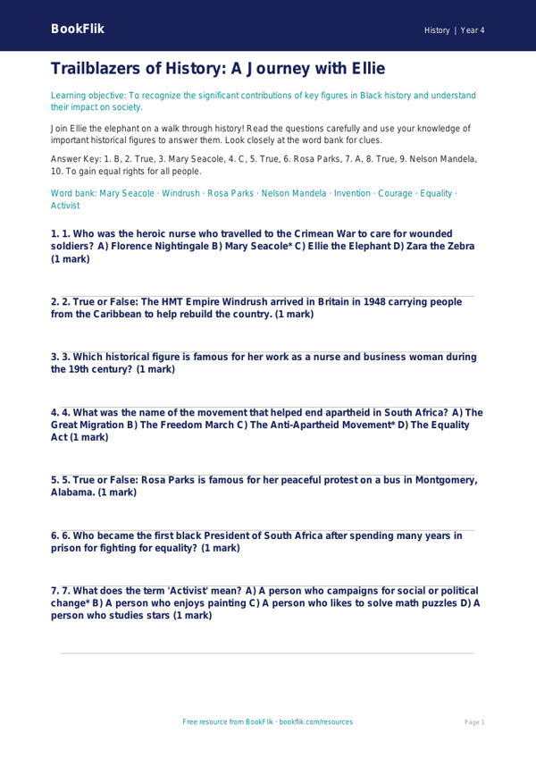 Free Black History Quiz | Grade 3 | History | BookFlik worksheet preview — History Black History