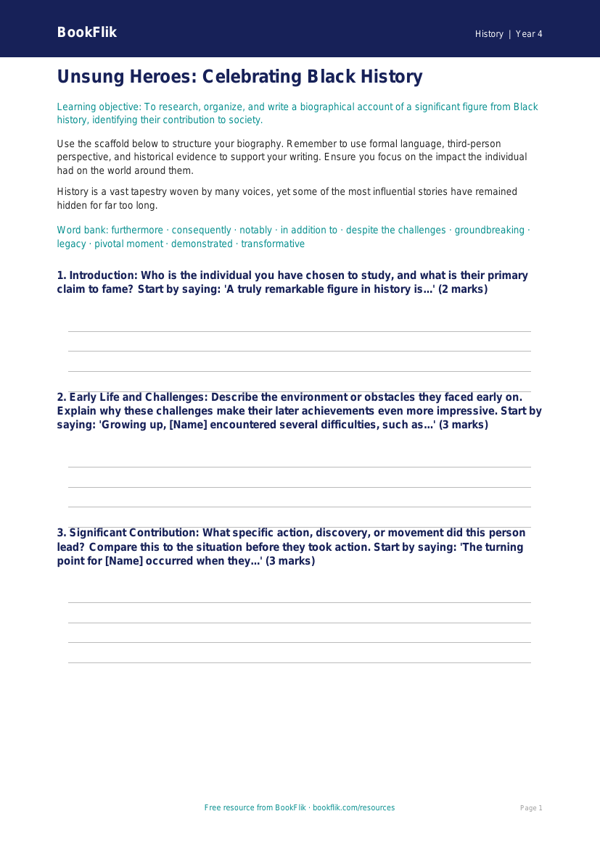 History black history writing frame grade 3 greater depth worksheet preview — History Black History