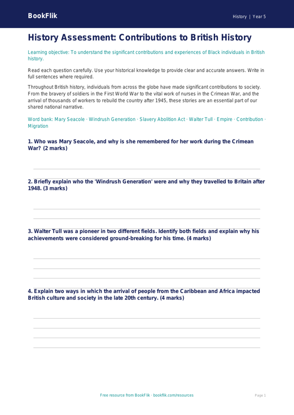 Free Black History Assessment | Grade 4 | History | BookFlik worksheet preview — History Black History