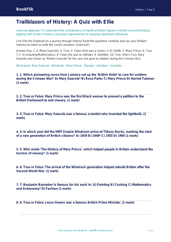 Free Black History Quiz | Grade 4 | History | BookFlik worksheet preview — History Black History