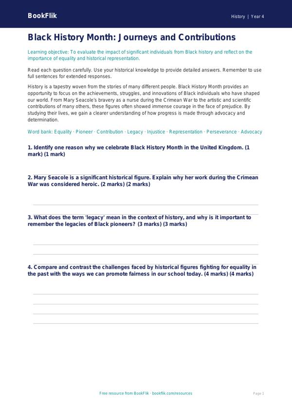 History black history month assessment grade 3 greater depth worksheet preview — History Black History Month