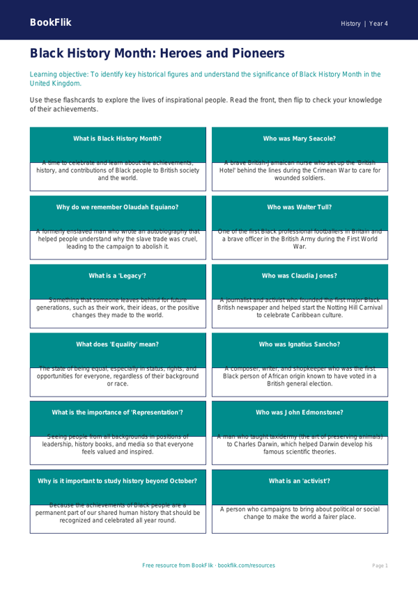 Free Black History Month Flashcards | Grade 3 | History | BookFlik worksheet preview — History Black History Month