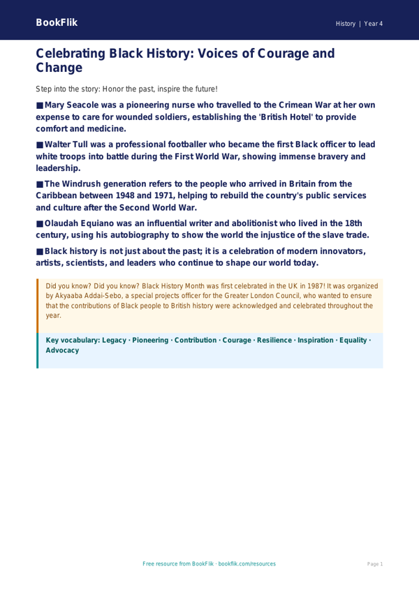 Free Black History Month Poster | Grade 3 | History | BookFlik worksheet preview — History Black History Month