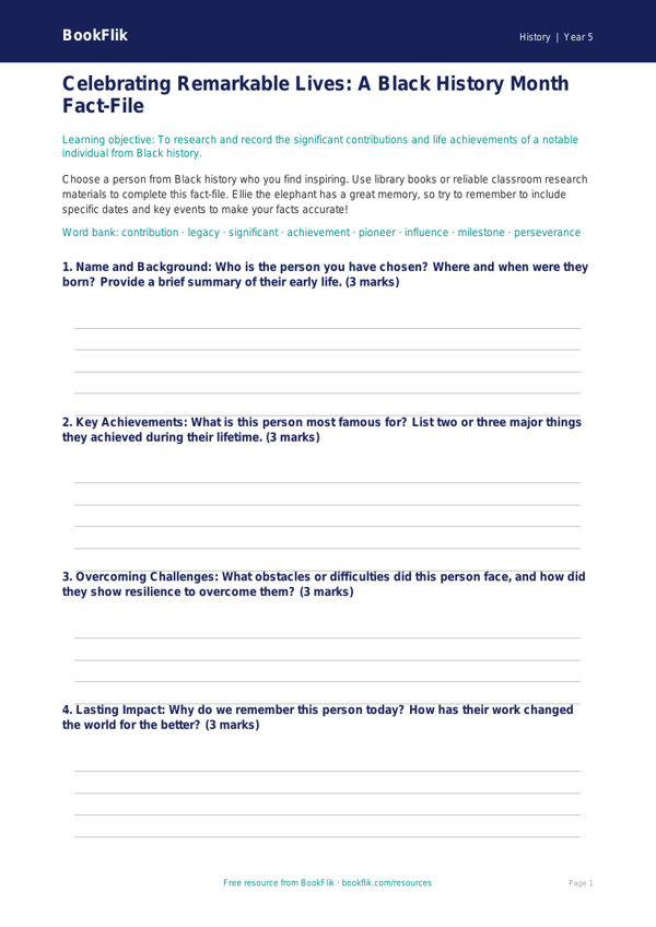 Free Black History Month Template | Grade 4 | History | BookFlik worksheet preview — History Black History Month