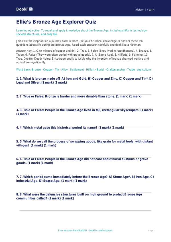History bronze age quiz grade 3 greater depth worksheet preview — History Bronze Age