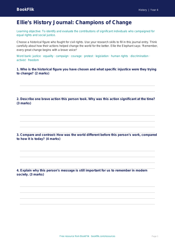 Free Civil Rights Template | Grade 3 | History | BookFlik worksheet preview — History Civil Rights