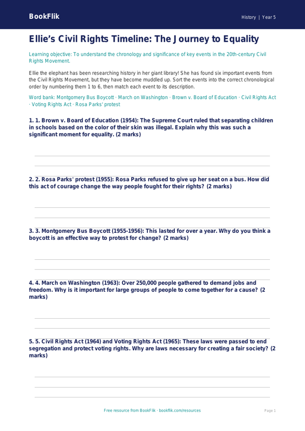 Free Civil Rights Activity Sheet | Grade 4 | History | BookFlik worksheet preview — History Civil Rights