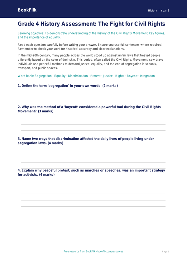 Free Civil Rights Assessment | Grade 4 | History | BookFlik worksheet preview — History Civil Rights