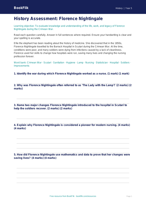 Free Florence Nightingale Assessment | Grade 4 | History | BookFlik worksheet preview — History Florence Nightingale