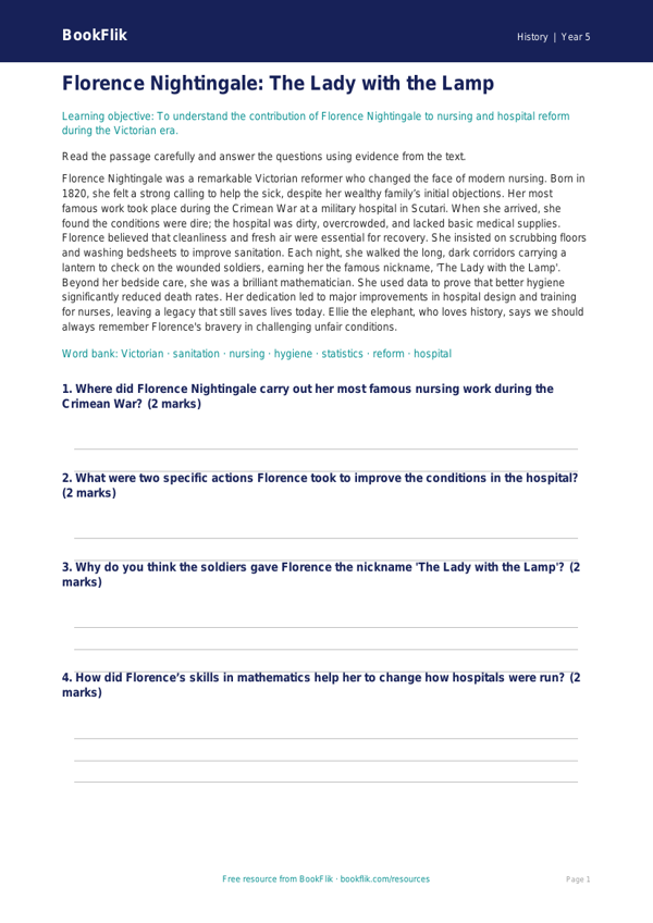 Free Florence Nightingale Comprehension | Grade 4 | History | BookFlik worksheet preview — History Florence Nightingale