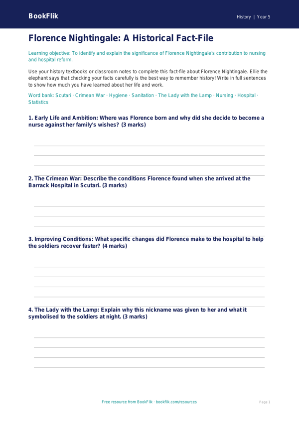 Free Florence Nightingale Template | Grade 4 | History | BookFlik worksheet preview — History Florence Nightingale