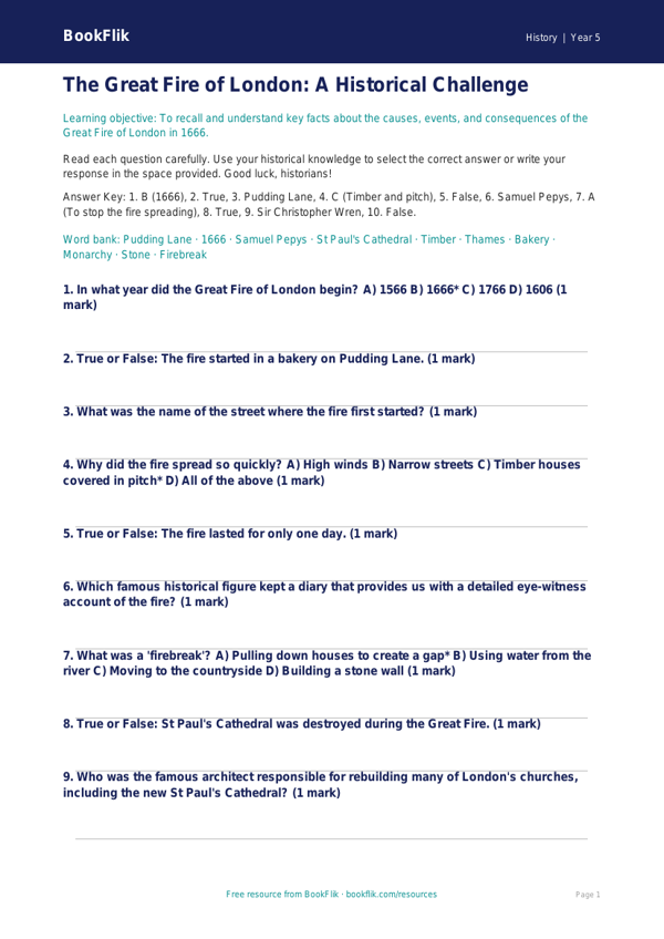 Great Fire of London Quiz | Grade 4 History Worksheet | BookFlik worksheet preview — History Great Fire Of London
