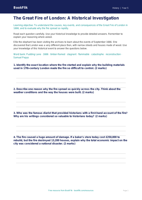 Free Great Fire Of London Worksheet | Grade 4 | History | BookFlik worksheet preview — History Great Fire Of London