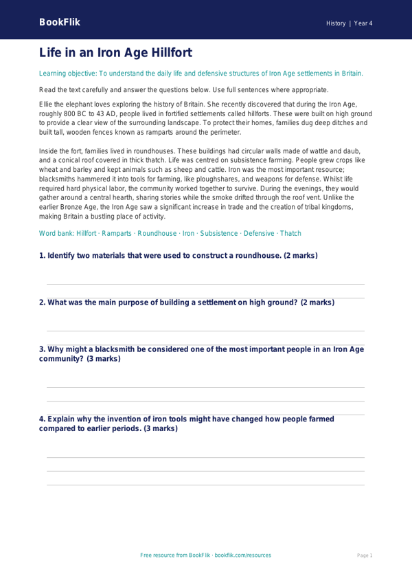 Free Iron Age Comprehension | Grade 3 | History | BookFlik worksheet preview — History Iron Age