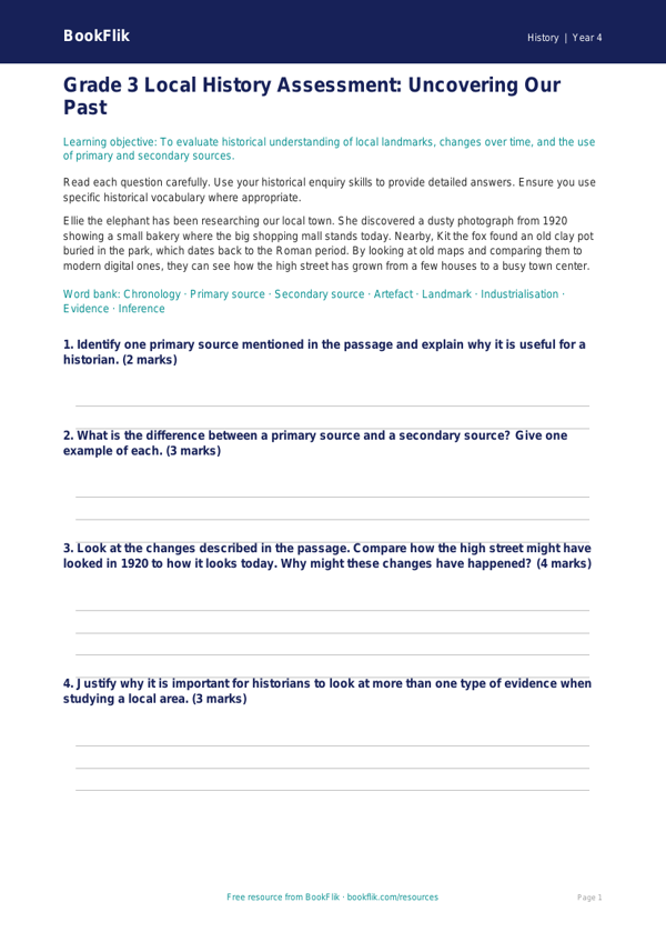 Free Local History Assessment | Grade 3 | History | BookFlik worksheet preview — History Local History