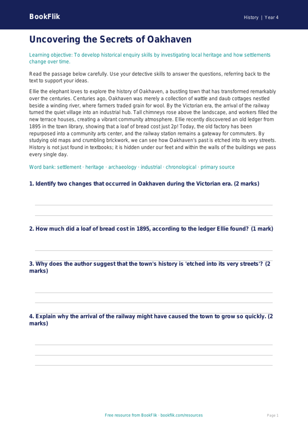 Free Local History Comprehension | Grade 3 | History | BookFlik worksheet preview — History Local History