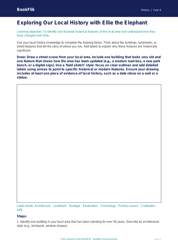 Free Local History Drawing Sheet | Grade 3 | History | BookFlik worksheet preview — History Local History