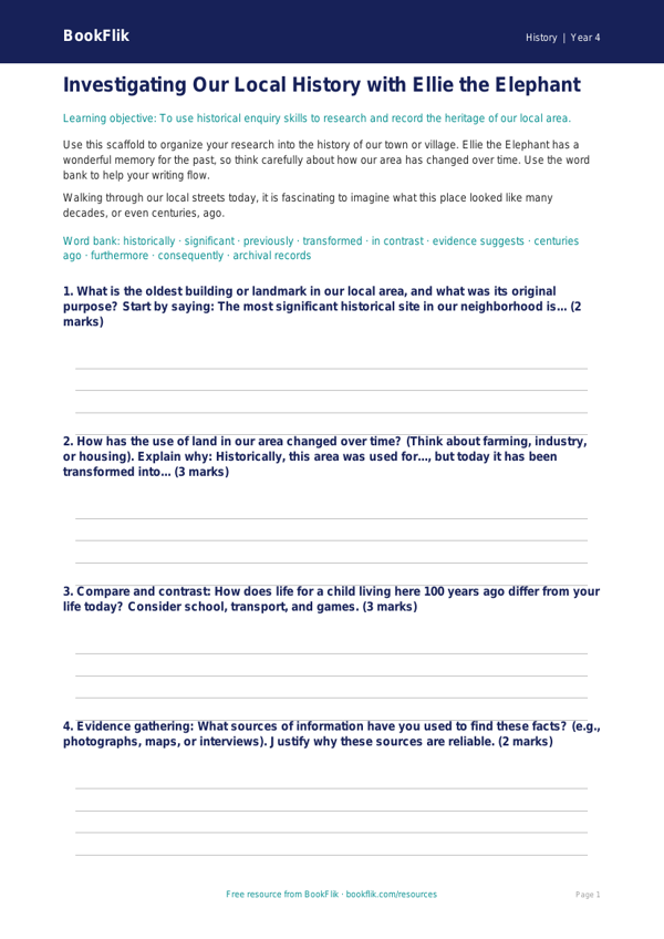 History local history writing frame grade 3 greater depth worksheet preview — History Local History