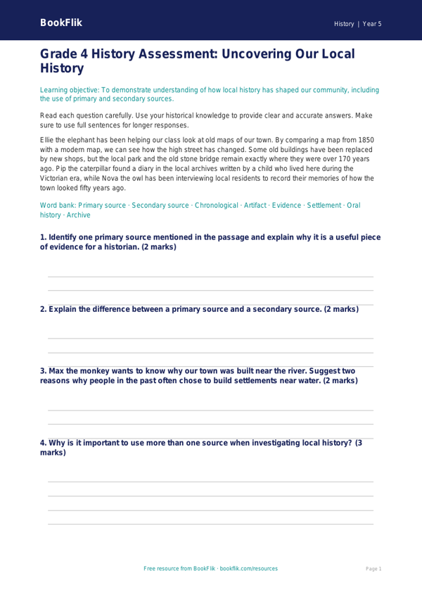 Free Local History Assessment | Grade 4 | History | BookFlik worksheet preview — History Local History
