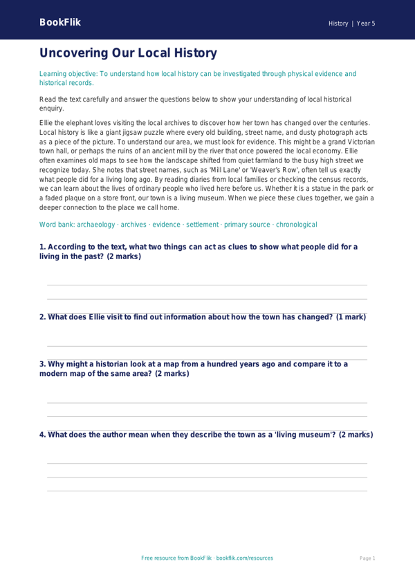 Free Local History Comprehension | Grade 4 | History | BookFlik worksheet preview — History Local History